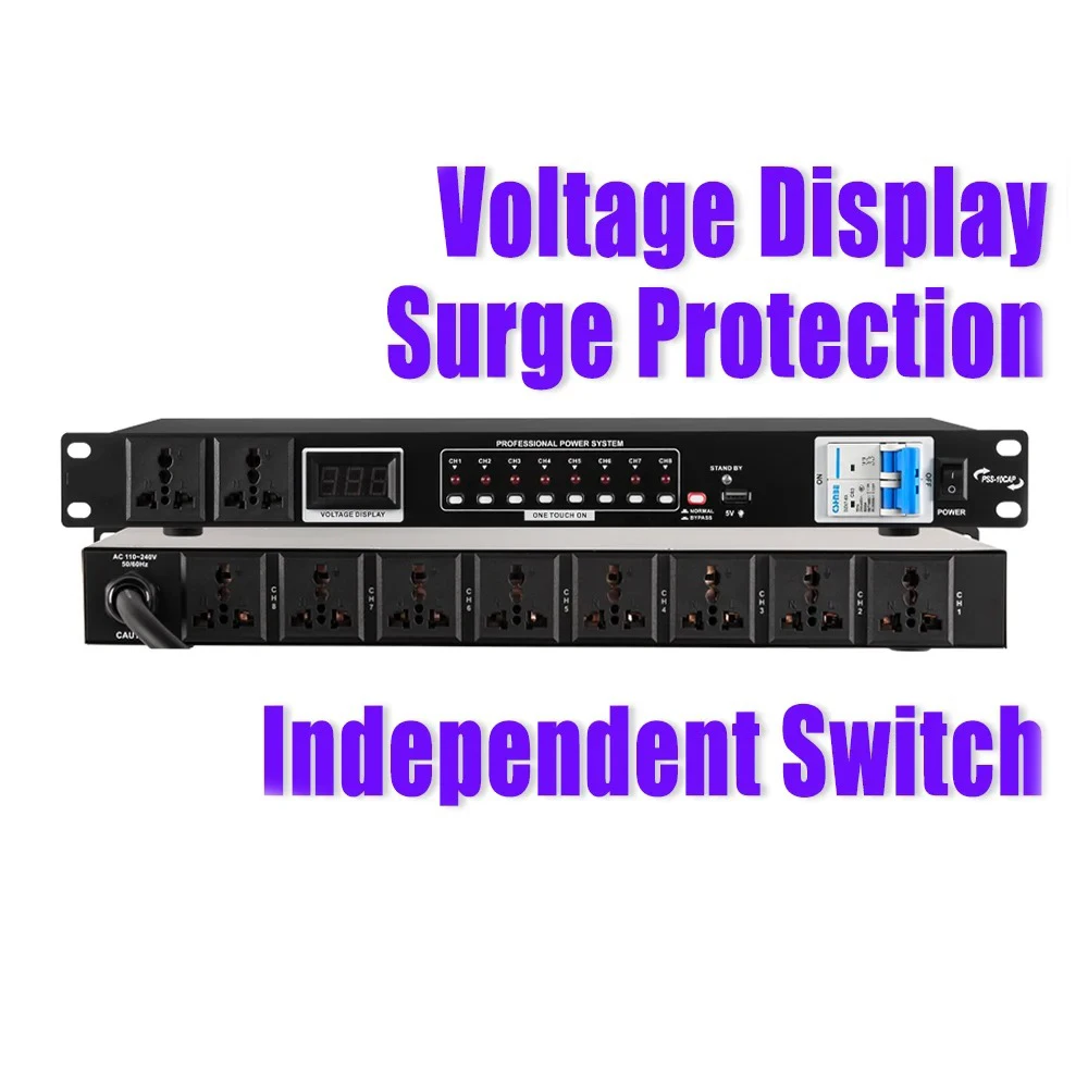

10-Way Power Sequencer with Voltage Display, Surge Protection, Independent Channel Switches, Professional Power Controller for Stage and Ktv