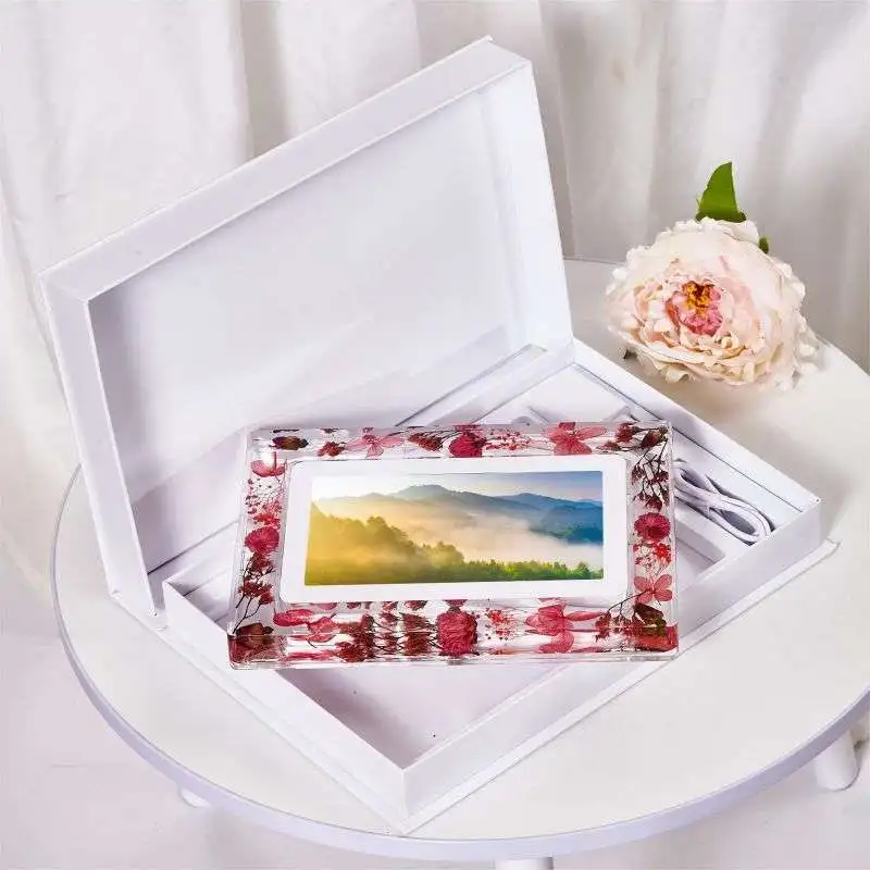 Secas Flor Acrílico Digital Video Photo Frame, Gravity Versão, 8GB de Memória, 1500mAh Bateria, Botão On and Off, Tela IPS, 7 polegadas