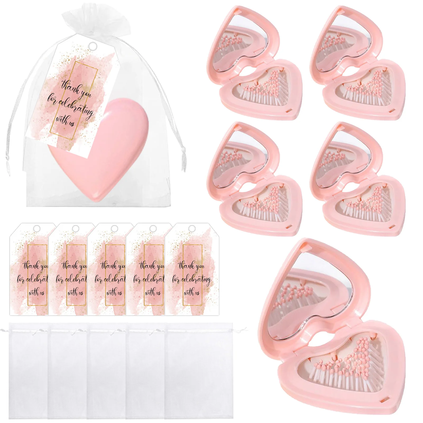 5 Set Bridal Shower Gift - 5 Heart-Shaped Mirror Plastic Compacts, 5 Thank You Cards and 5 Organza Bags  Bridal Party Supplies