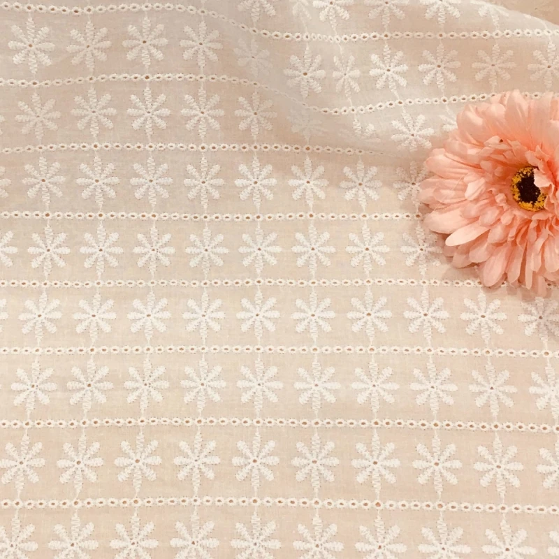 Daisy Flowers Cotton Embroidery Fabric Breathable Fabric for Boho Bridal Dress Wedding Gown Table Cloth Blouse DIY Curtain