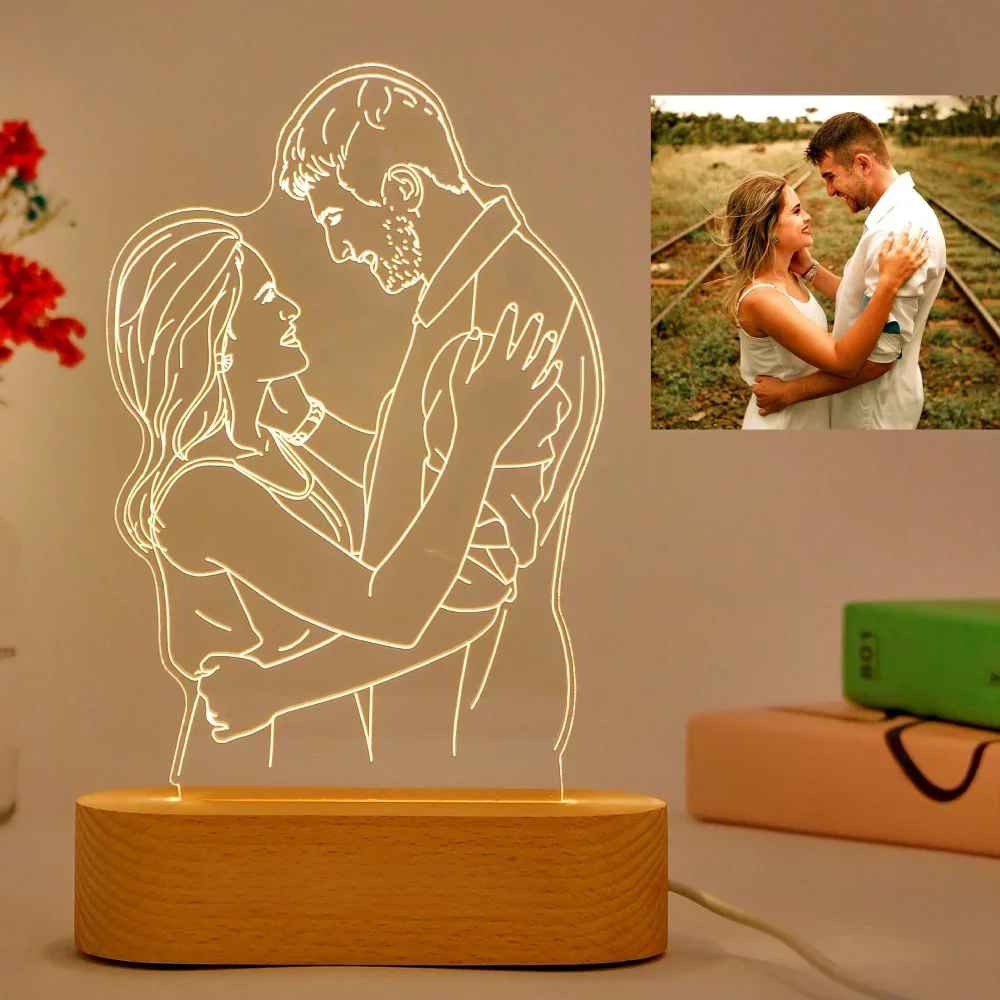 Lampe Photo 3D personnalisée, cadeau d'anniversaire de mariage, de saint-valentin, veilleuse, image, texte gravé, cadeau de Couple