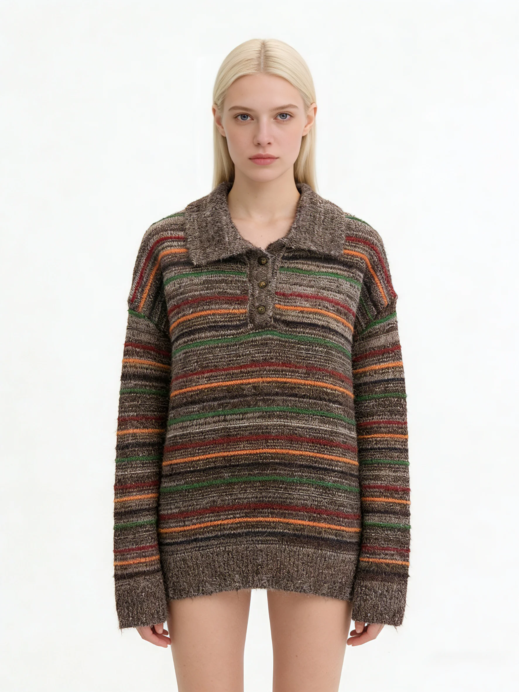 

Женский шерстяной шелковый свитер-поло в коричневую полоску, свободный, с длинными рукавами, на пуговицах, пуловер