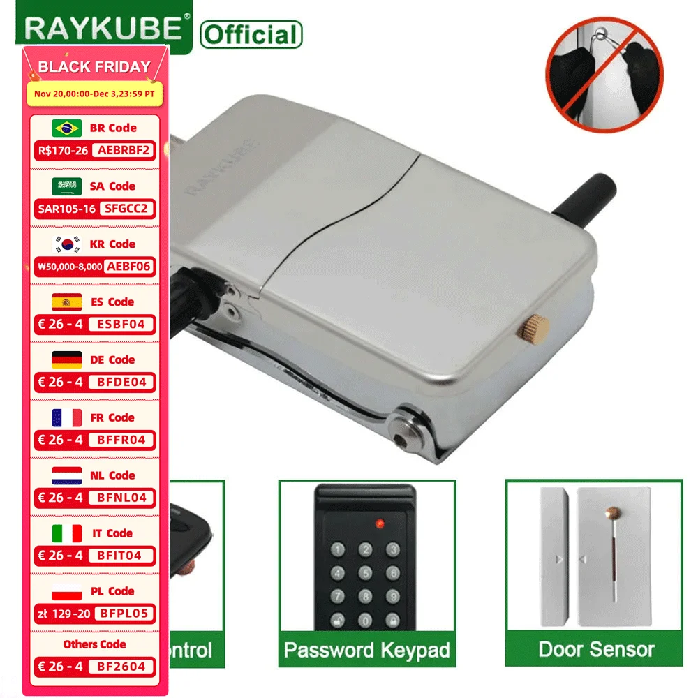 RAYKUBE W39 Electronic Smart Door Lock Anti-theft Invisible Interior Lock With Remote Controller / Door Sensor For Self defense