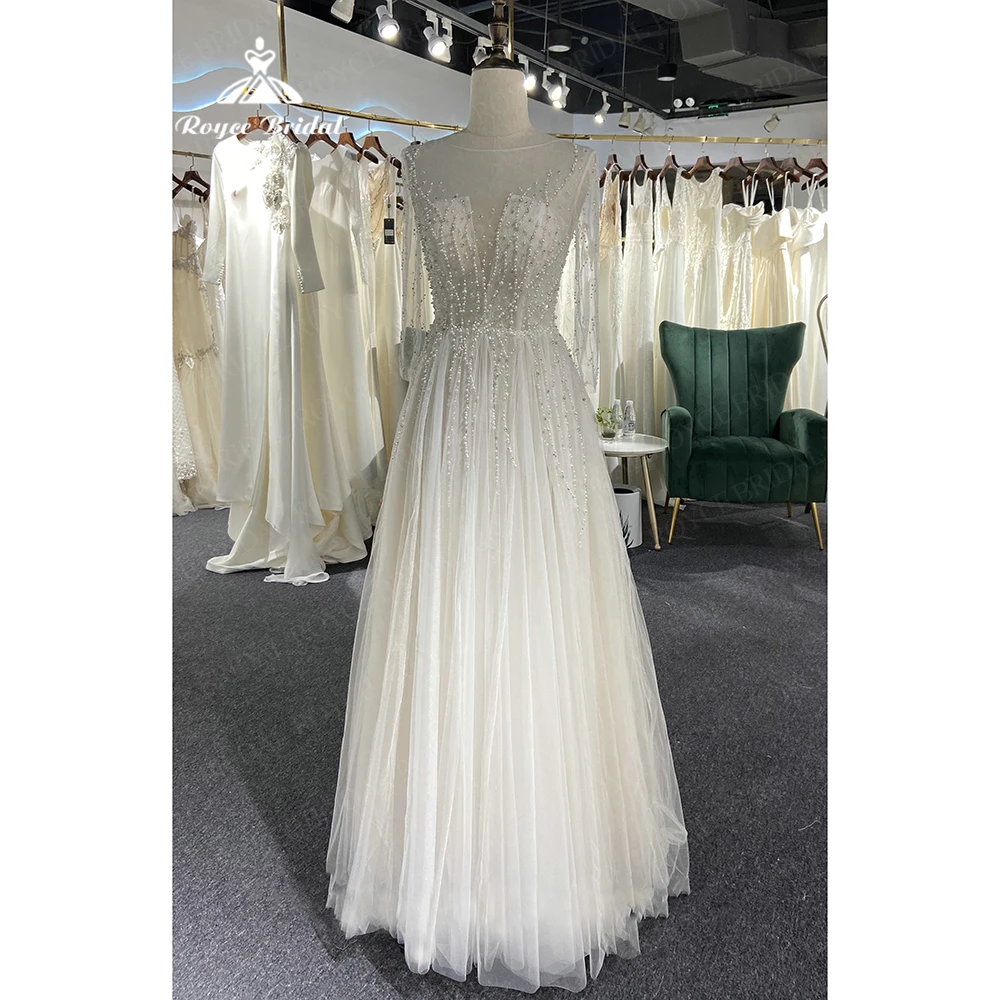 Pearls Beading Boho Wedding Dress 2023 Robe Mariee Scoop Neck Deep V Bridal Reception Gown Sexy Tulle Beach Wedding Dresses