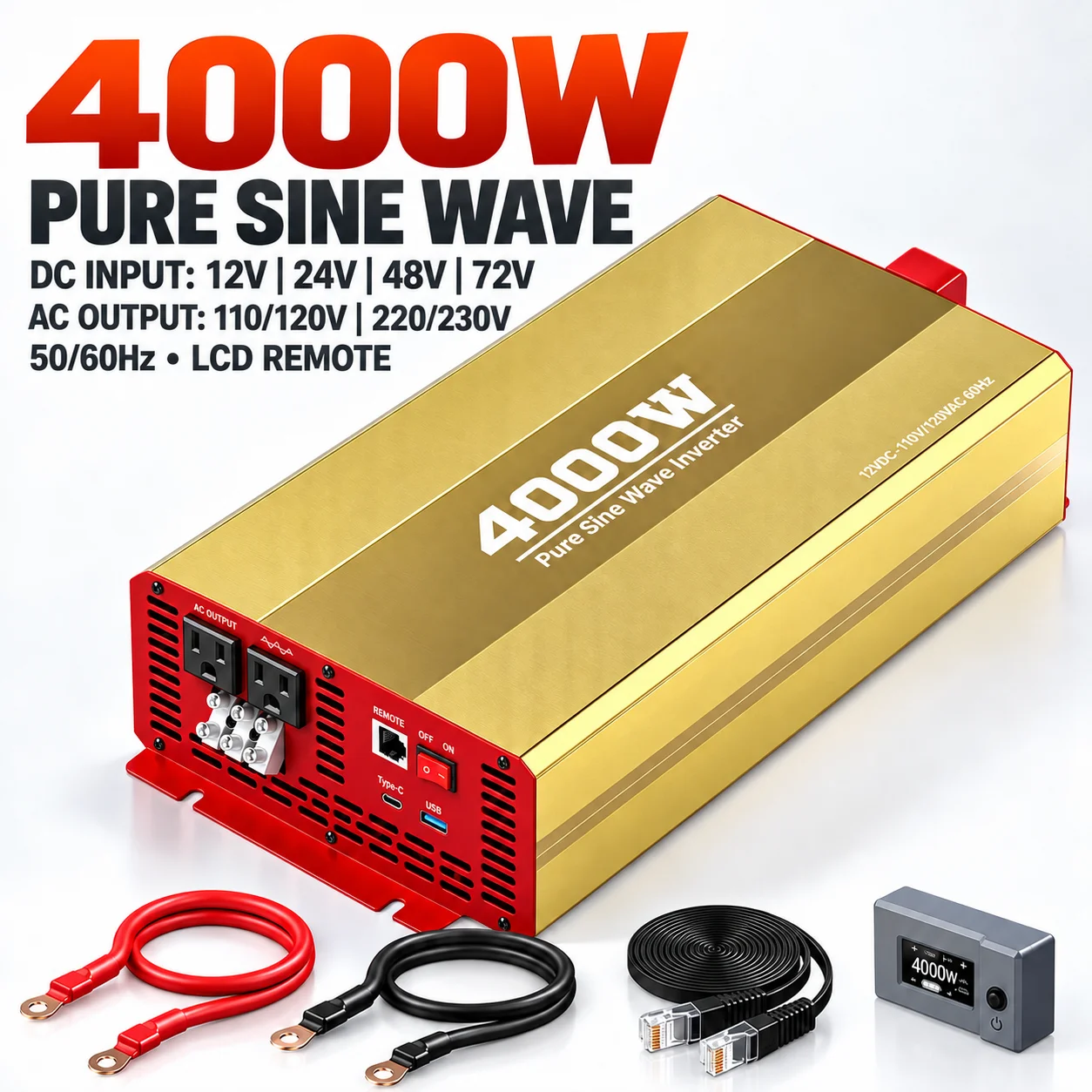 4000W Continuous Pure Sine Wave Inverter, Peak 8000W DC12V/24V/48V/72V to AC110-230V 50/60Hz LCD Remote Display for RV Home