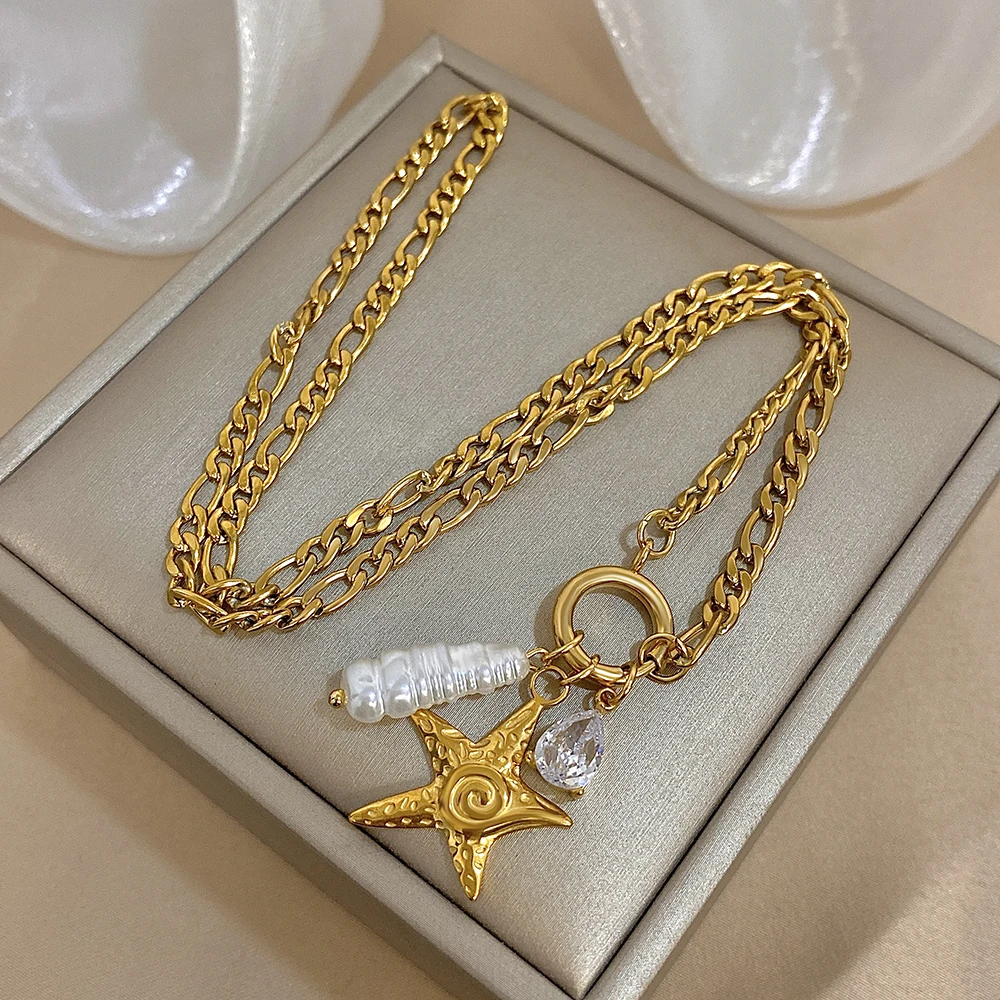

Freetry Stainless Steel Starfish Pendant Necklace for Women Imitation Pearl Rhinestone Cuban Chain Choker Jewelry on the Neck