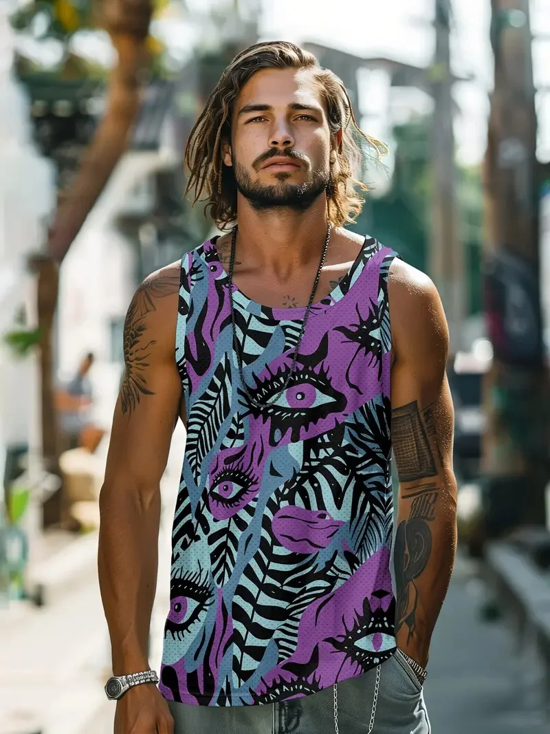 Fresh Printed Sleeveless Sports Men\'s Tank Top Holiday Street Fashion Round Neck Breathable Comfortable Short Sleeve Sports Tops