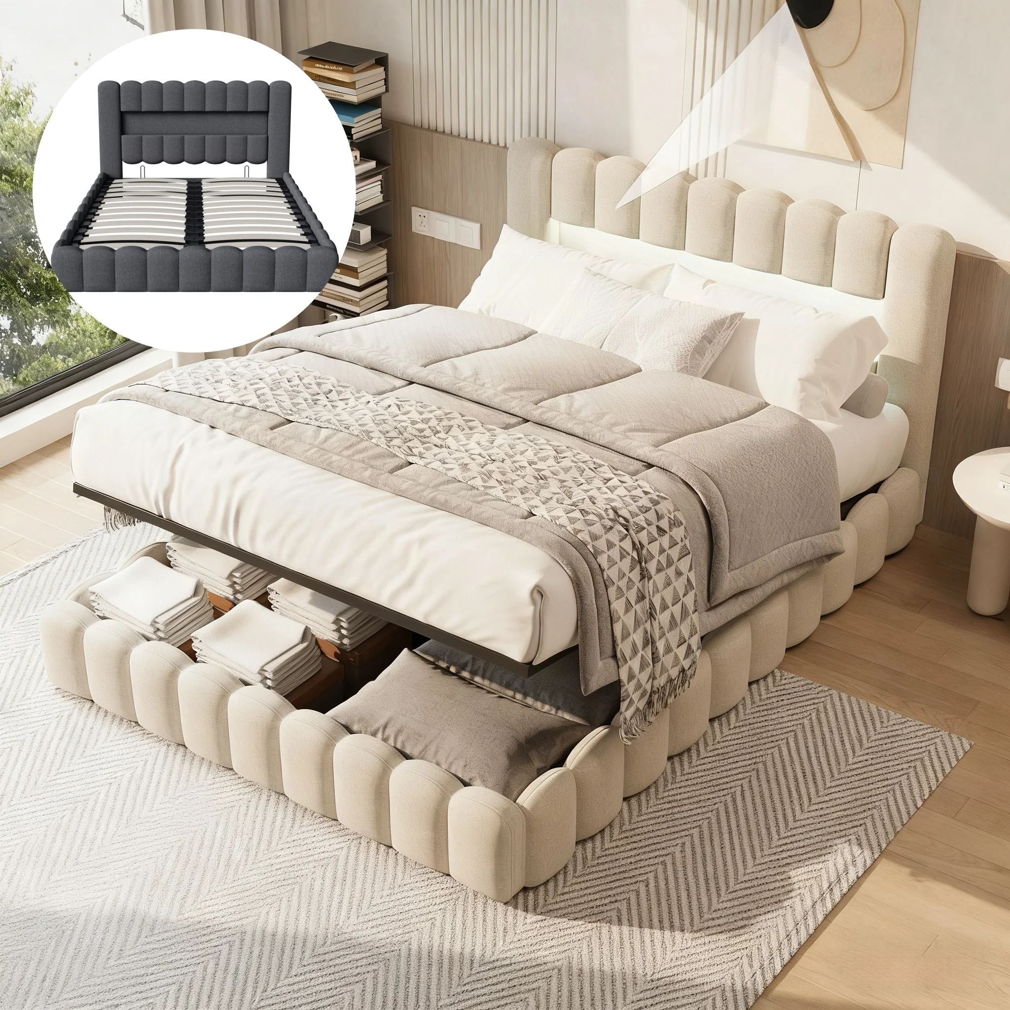 MGMYM Cadre de lit 140/160/180 avec rangement hydraulique, tête de lit avec LED et USB, design à Bubble, tissu en lin