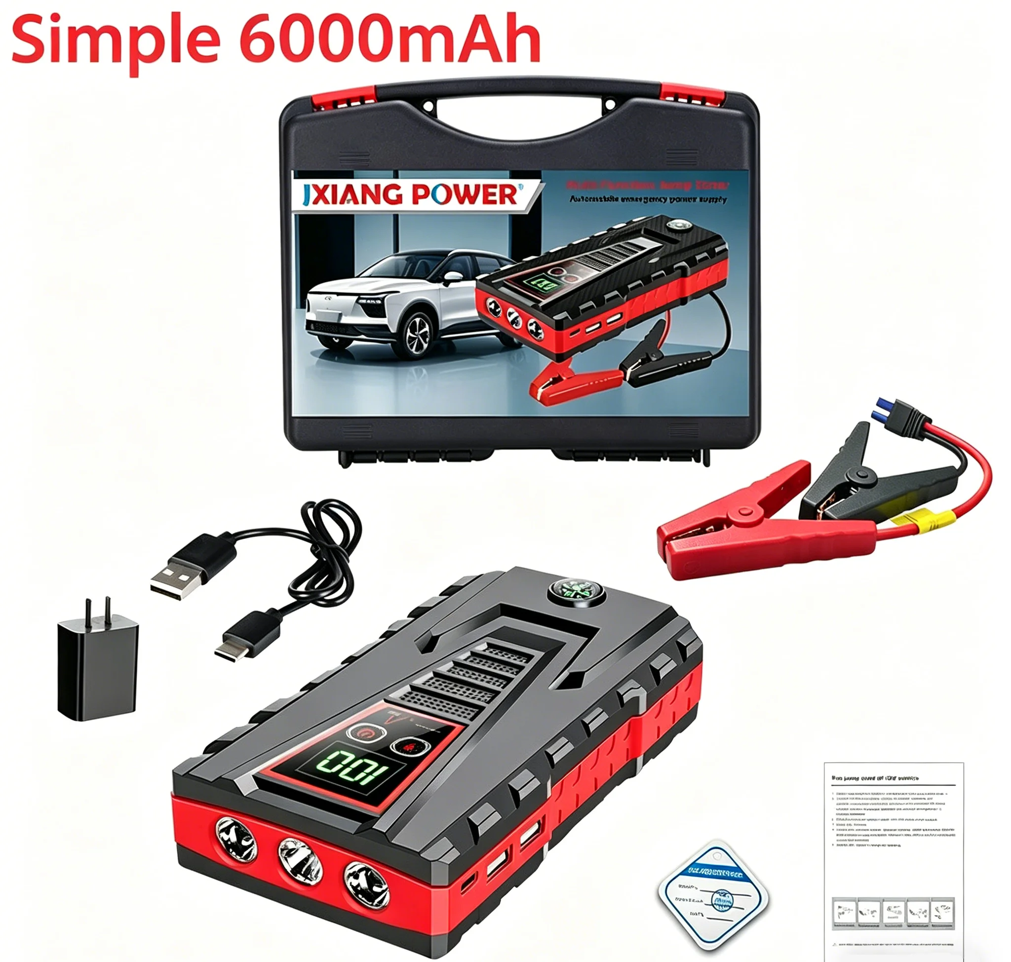 Arrancador de Coches de 6000 mAh y 12 V, 5000 A de Pico, Batería Portátil, Banco de Energía para Vehículos de Gasolina de hasta 6.0 L