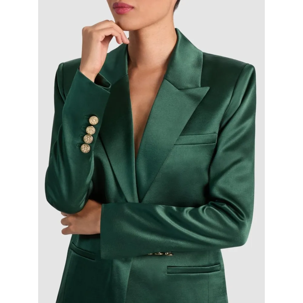 Terno feminino de cetim verde esmeralda – conjunto de blazer e calças com botão único para negócios e eventos formais