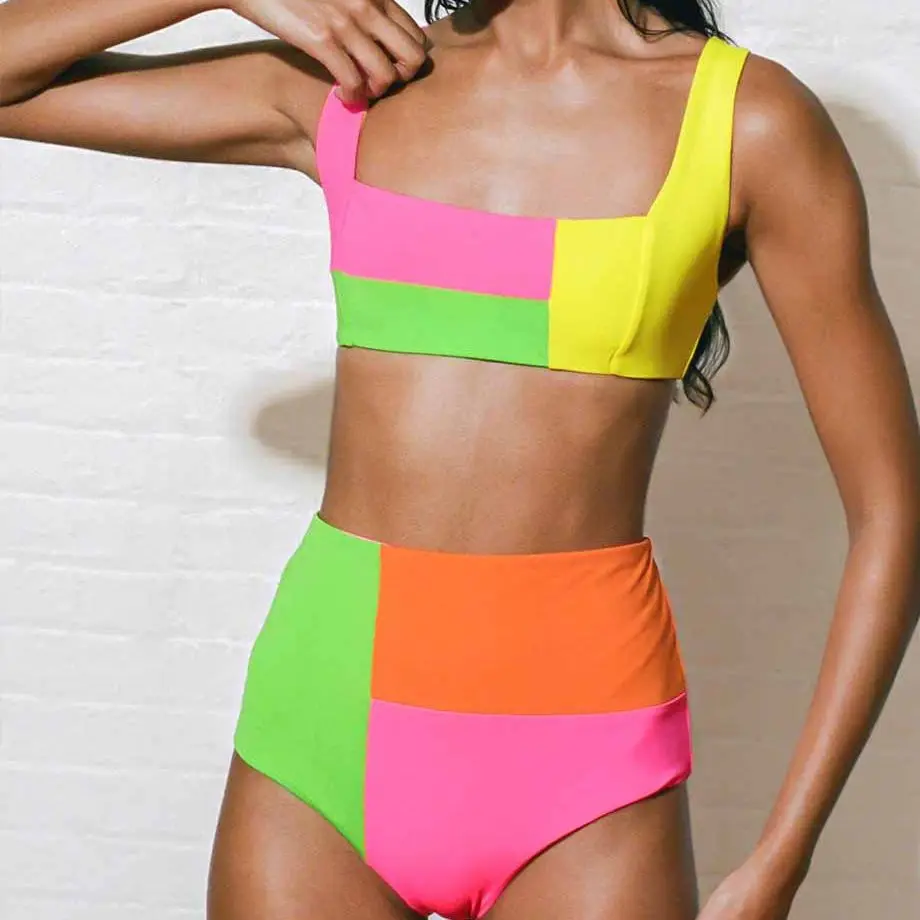 Bandaż damski strój kąpielowy fluorescencyjny Colorblock Bikini na plażę oddzielne stroje kąpielowe Bandeau Sexy wysoka talia dwie sztuki