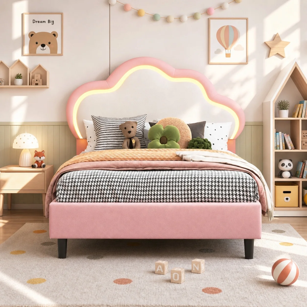 Cama infantil princesa 90x200 cm, cama tapizada PU con cabecero nube LED, somier de láminas, estructura de madera, dormitorio niña