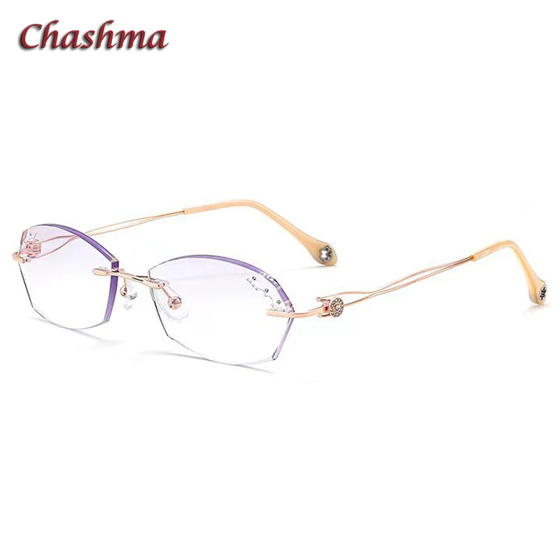 Chashma Women Luxury Glasses Frame Diamond Trim Rhinestone Optical Eyewear Rimless Light Spectacles Female Glass with Stones