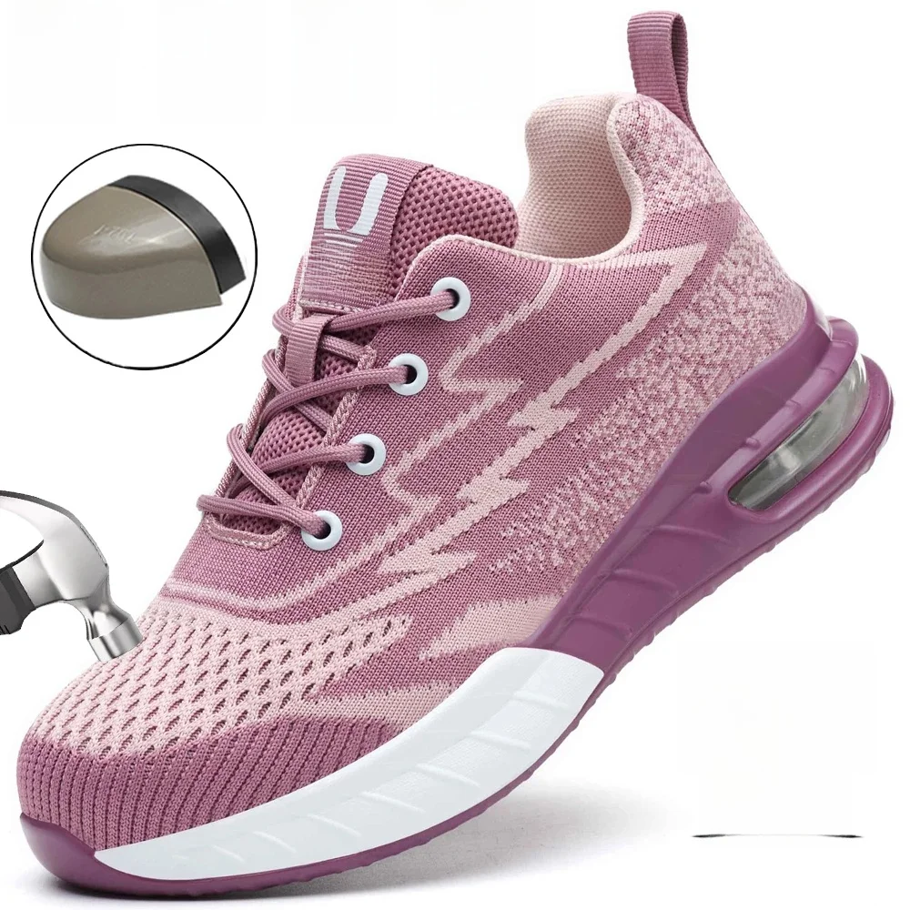 Chaussures de sécurité à bout en acier pour femmes, roses, anti-écrasement et anti-perforation, larges tailles européennes, bottes de travail à la mode pour dames