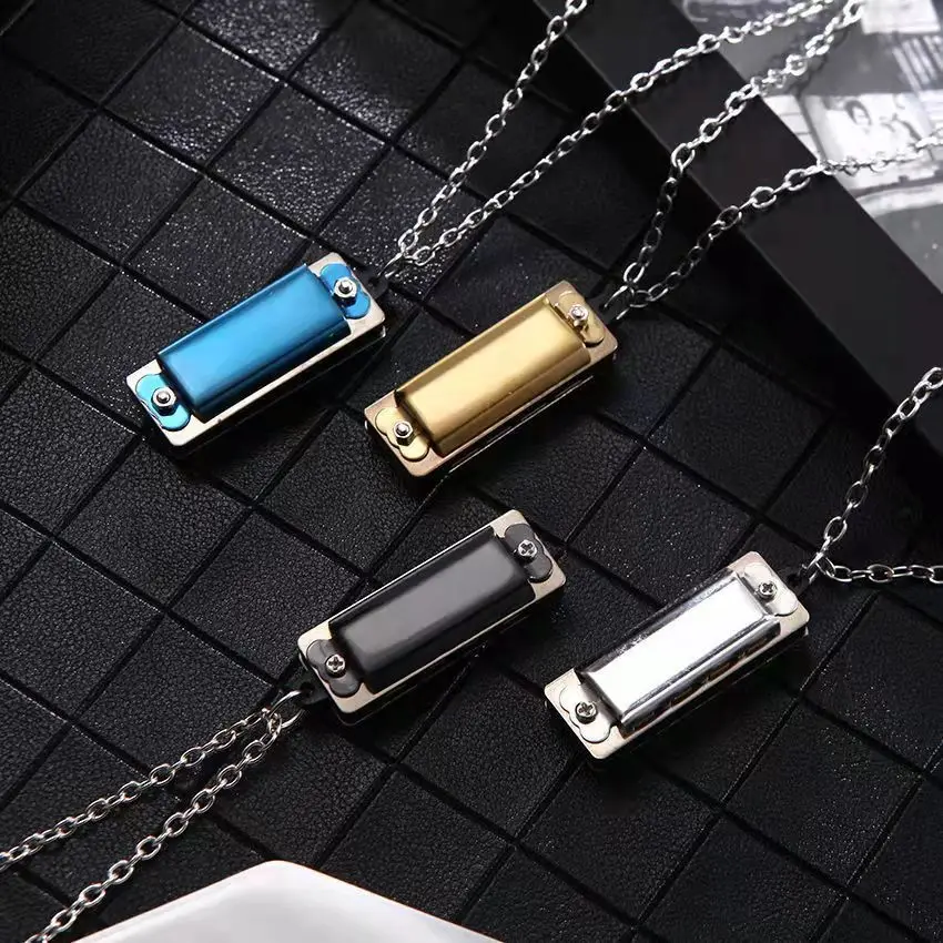 Mini Cute 4 Hole 8 Tone Harmonica Metal Necklace Design Chain Toy Birthday Christmas Gift Random Jewelry Mini Necklace Harmonica