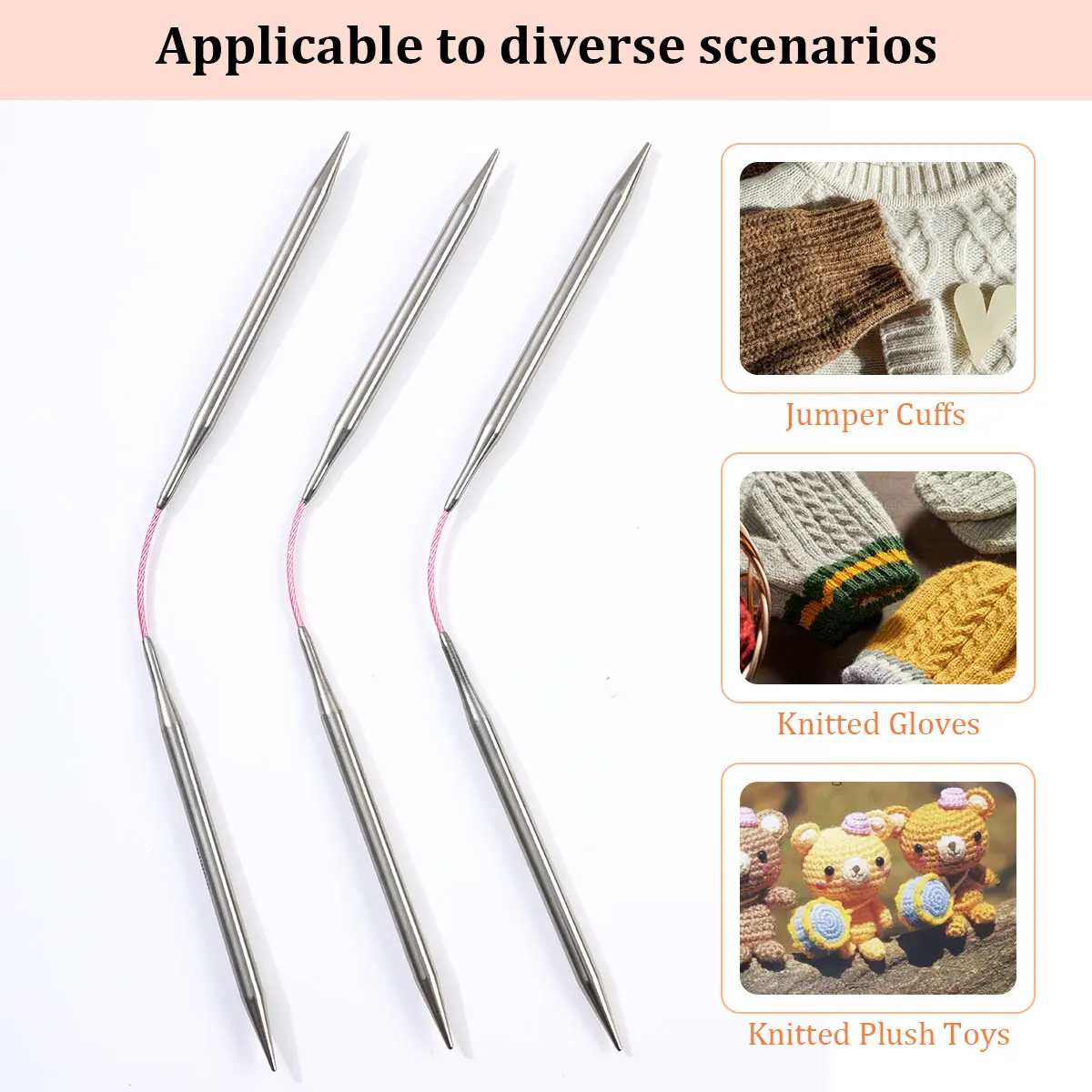 

23cm Short Ring Needles - Stainless Steel Knitting Tools, DIY Yarn Needles, 3 Pieces per Set