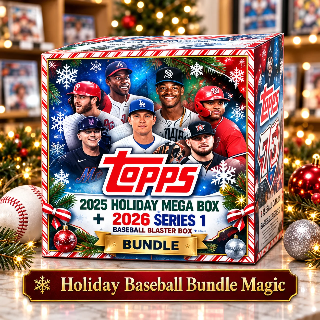 2025 Topps Holiday Baseball Mega Box With 2026 Topps Series 1 Baseball Blaster Box Bundle, 16 Packs Total, MLB Baseball Cards, Retail Trading Cards, Look for 1 Autograph, Memorabilia or Base Chrome Variation Card, 5 Glitter Holiday