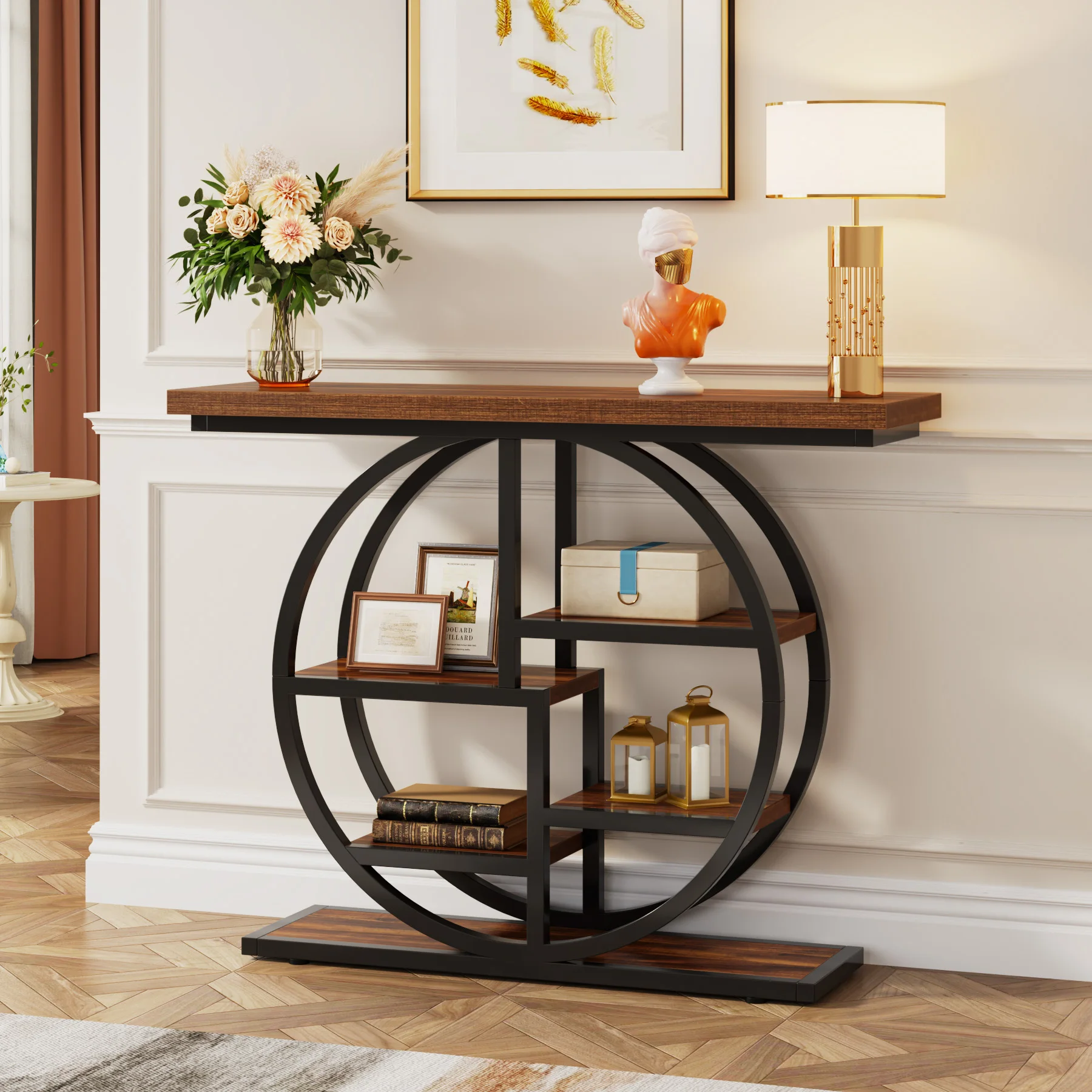 Tavolino da consolle Tribesigns, tavolino da divano industriale a 6 ripiani, 107 cm, tavolino da ingresso con base circolare, tavolini da salotto stretti in legno con ripiani portaoggetti per