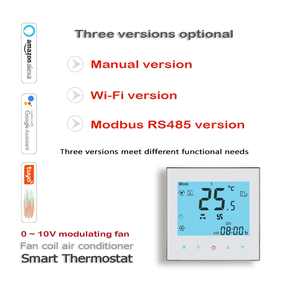 Termostat AC Kipas 0-10V, Termostat Manual/Modbus RS485/Tuya WIFI Tiga Versi untuk Pemanasan Sakelar Katup Pendingin