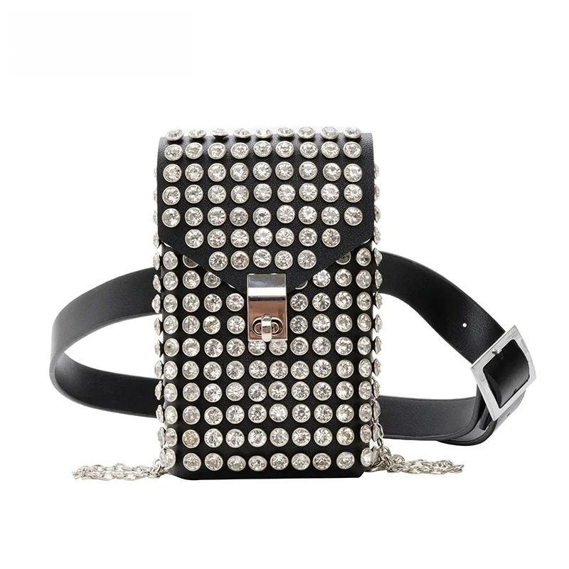 JIEROTYX luksusowy pokryty kryształami kobiety telefon saszetki na pas odpinany PU skórzany pas biodrowy łańcuszek na buty torba na ramię Crossbody Pack — zdjęcie 2