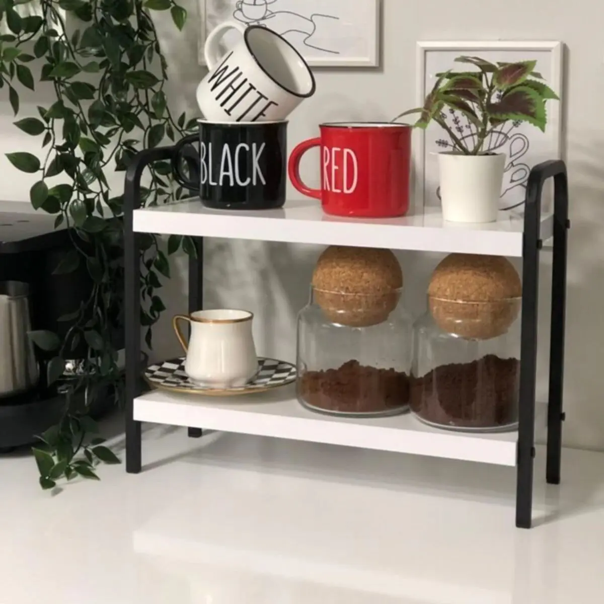 Two Tier Kitchen Bathroom Counter Rack Multi-Use Jar Spice Condiment Coffee Makeup Box Holder Organizer and Storage Wooden Stand