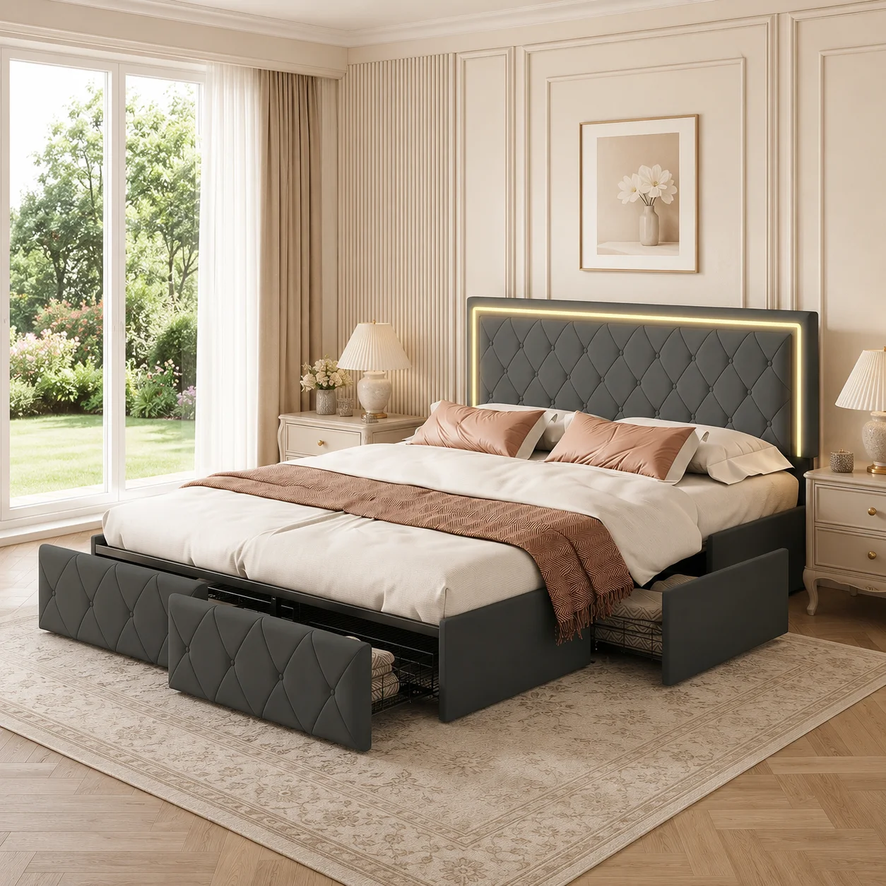 Cadre de lit plateforme rembourré 140/160*200 cm avec 4 tiroirs de rangement, tête de lit capitonnée en forme de losange, support en lattes de bois, aucun sommier tapissier nécessaire