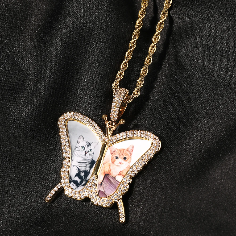 Collana con ciondolo foto farfalla UWIN fai da te Iced Out CZ Medallion Picture Charms collane gioielli di moda per regalo di memoria