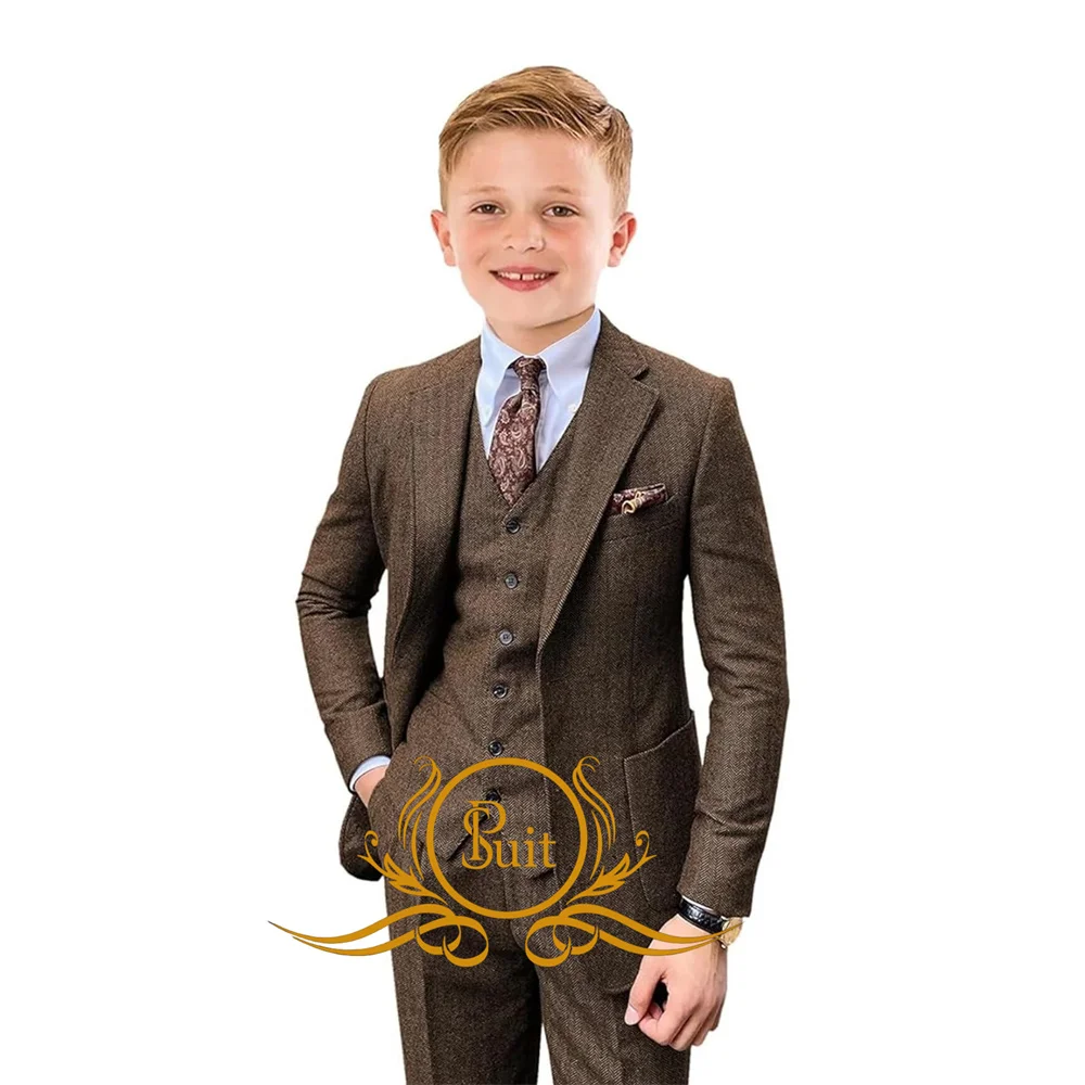 3 Piece Herringbone Boy Suit Tweed British Style Slim Fit Blazer Wedding Business Suits for Kids Formal Child Tuxedos