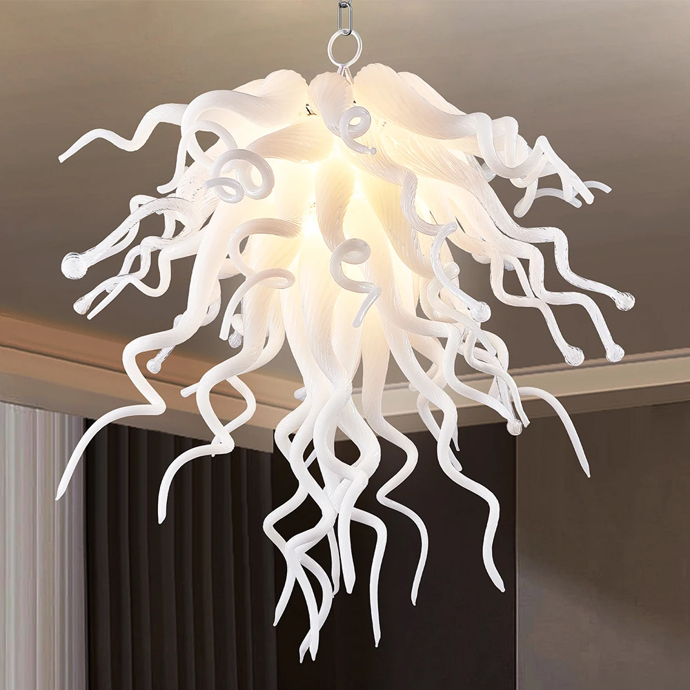 Longree Murano Glass Chandelier White Color Chihuly Style Hand Blown Glass Pendant Chandelier Hanging Lamps for Living Room