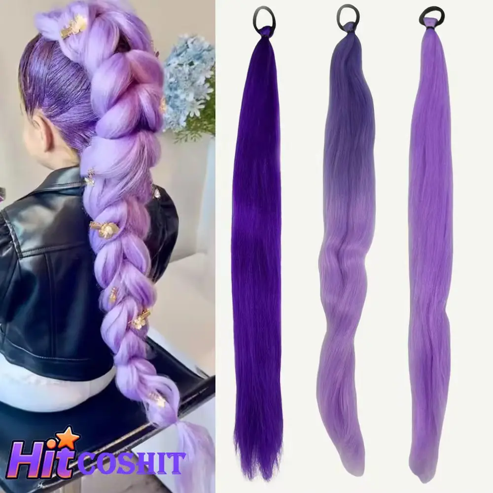 2 pçs sintético em linha reta kpop rumi demônio caçadores cosplay peruca rabo de cavalo com trança de cabelo rabo de cavalo acessórios de halloween