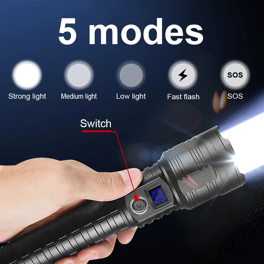 9900000LM Powerful LED Flashlight 10000mAh Rechargeable Ultra Powerful Flashlight Tactical Lantern Long Shot LED Torch