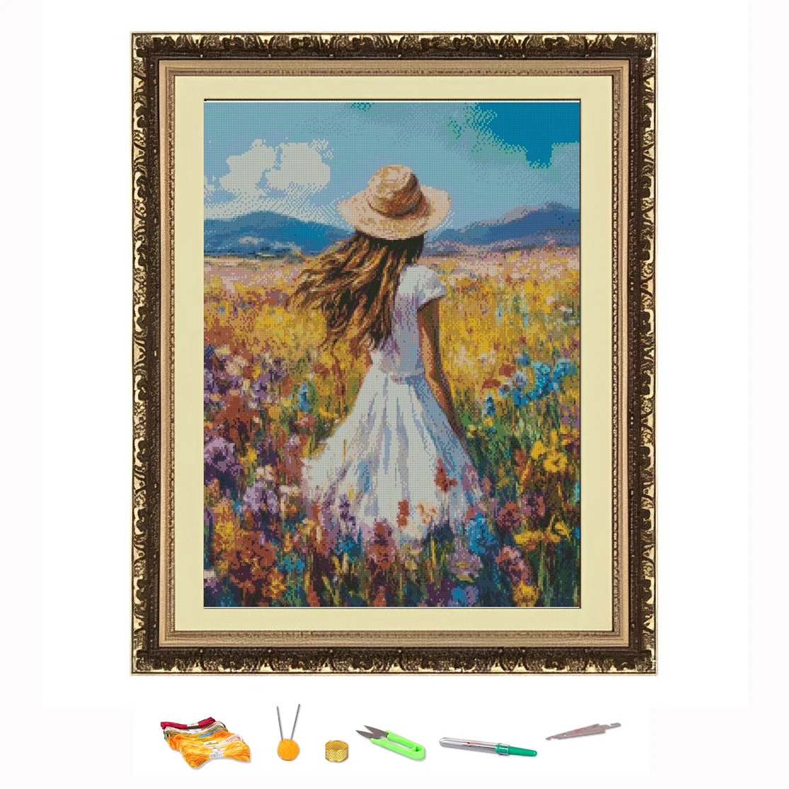 

Набор для вышивки крестом для девочек, стоящий среди цветов, набор для рукоделия «сделай сам», украшение, напечатан на холсте, 11CT