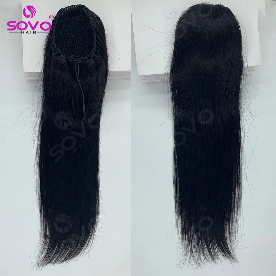 100% Remy Brazilian Straight Human Hair Ponytail Drawstring Natural Black Clip In Wrap Hairpiece for Women view 2