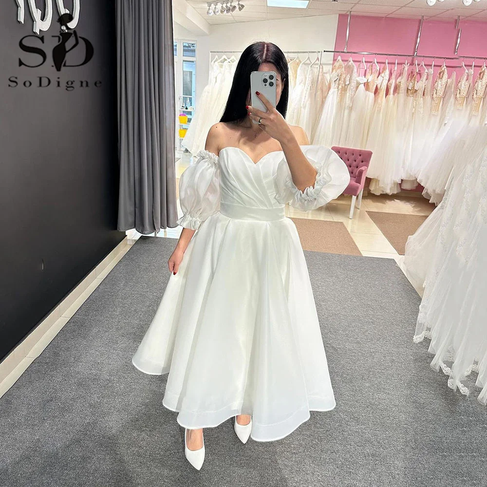 SoDigne Short Wedding Gown Sweetheart Pleats Detachable Puff Sleeve Organza Bride Dresses Simple Brides Wedding Party Dress