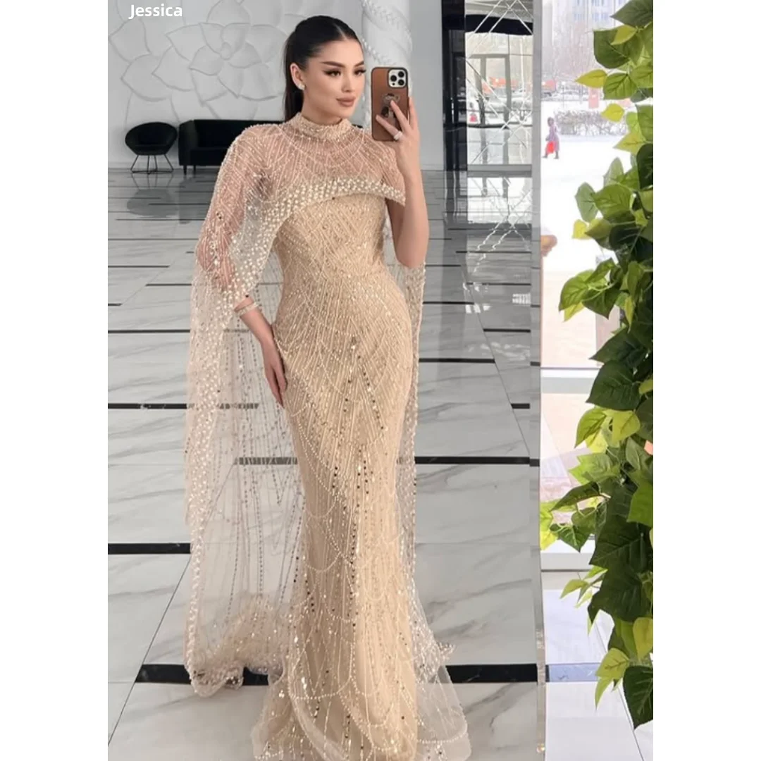Jessica Champagne Turtleneck Evening Dresses Luxurious Tulle Beaded Shawl Prom Dresses Elegant Wedding Party Dresses Customized