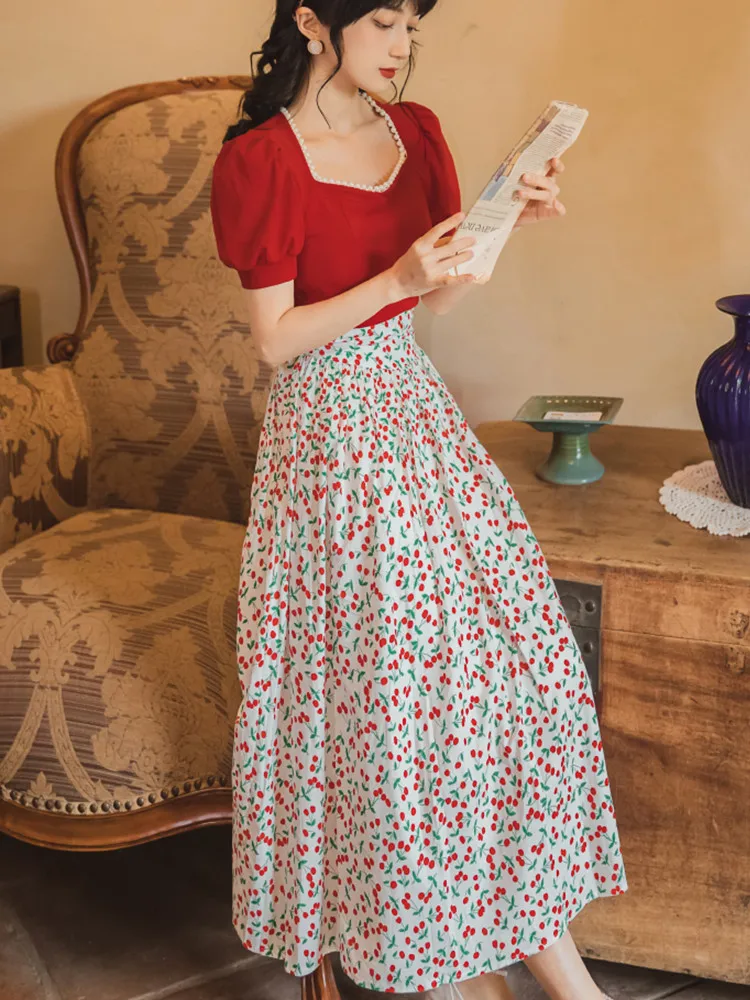 Qiukichonson Japan Style Teen Girls Lolita Cute Cherry Printed Skirt 2022 Summer Women Vintange High Waist Long Skirt