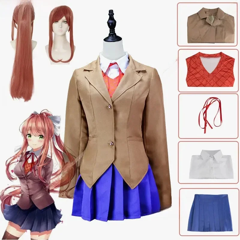 Anime Doki Doki literature Club Monika Cosplay Sayori Yuri Natsuki przebranie na karnawał szkoła kobiety brązowy mundur spódnica garnitur — 2