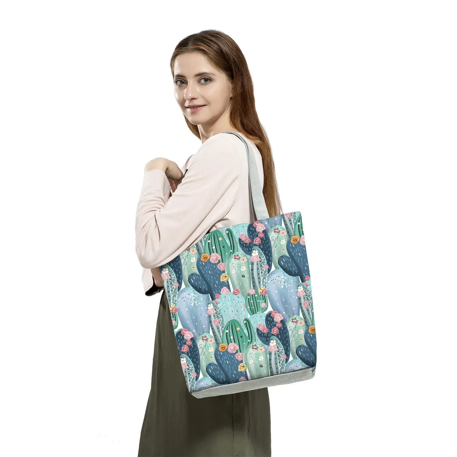 Summer High Capacity Portable Shopping Bag Foldable Travel Beach Shoulder Bag Floral Print Handbags Cactus Tote Bags For Women