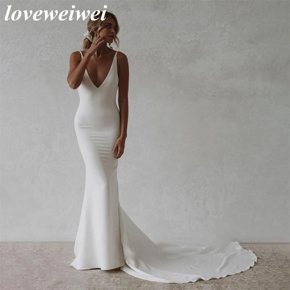 Heißer Verkauf Meerjungfrau Hochzeit Kleider Spaghetti-trägern Weiche Satin Boho Brautkleider V-ausschnitt Taste Zurück Hochzeit Kleid robe soirée