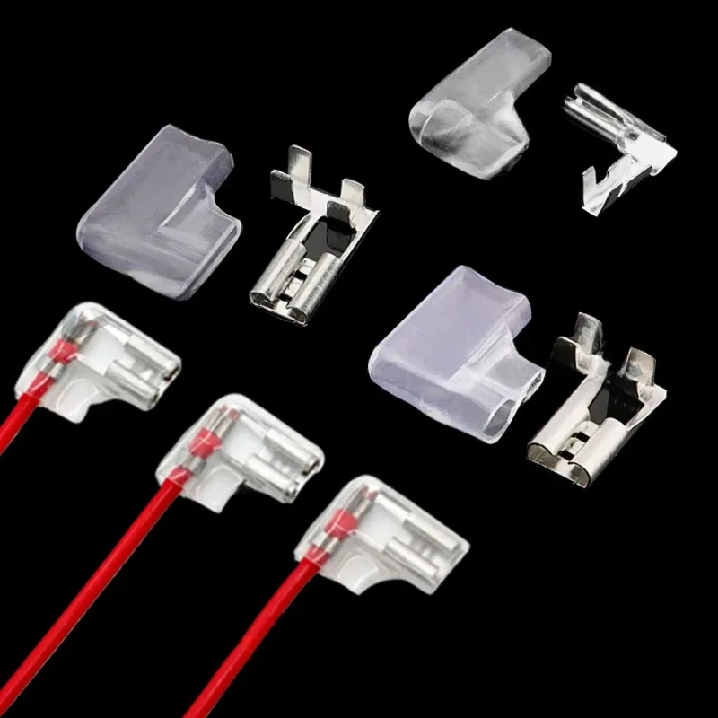 100 szt. Elektryczna flaga/kątowy zacisk zaciskany zestaw złączy przewodów 2.8 4.8/6.3mm żeńskie + osłona mosiężna srebrna osłona izolacyjna — zdjęcie 2