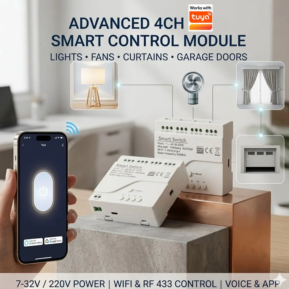 4-Kanal 12V 24V 220V WLAN Smart Switch Hausautomations-Controller RF 433 Relais Alexa Google Home Tuya APP-Steuerung