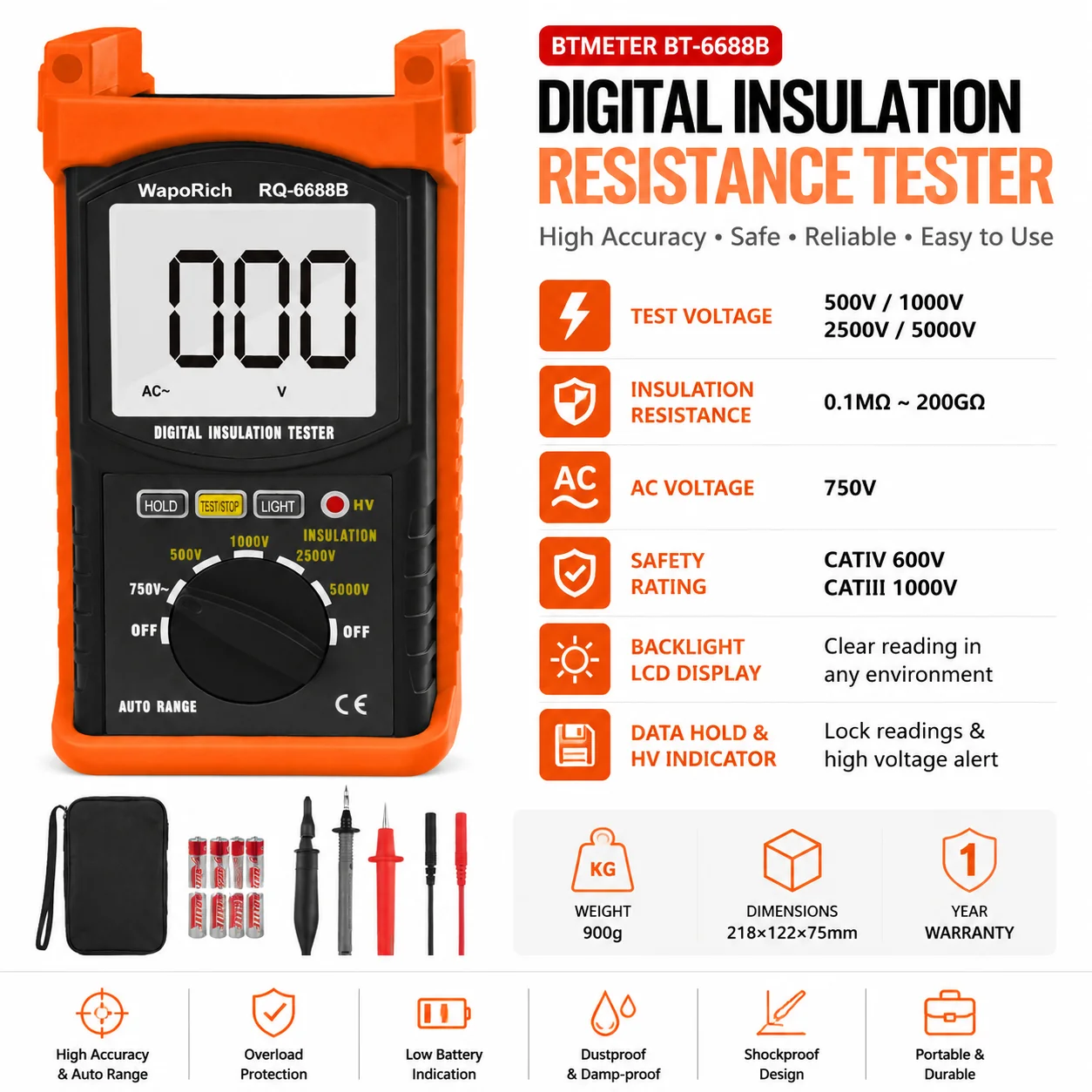 BT-6688B Megaohmmetro 200 Gig Ohm Digital Tester di Resistenza di Isolamento, 500V/1kV/2.5kV/5kV Tensione di Prova, Auto Che Vanno,