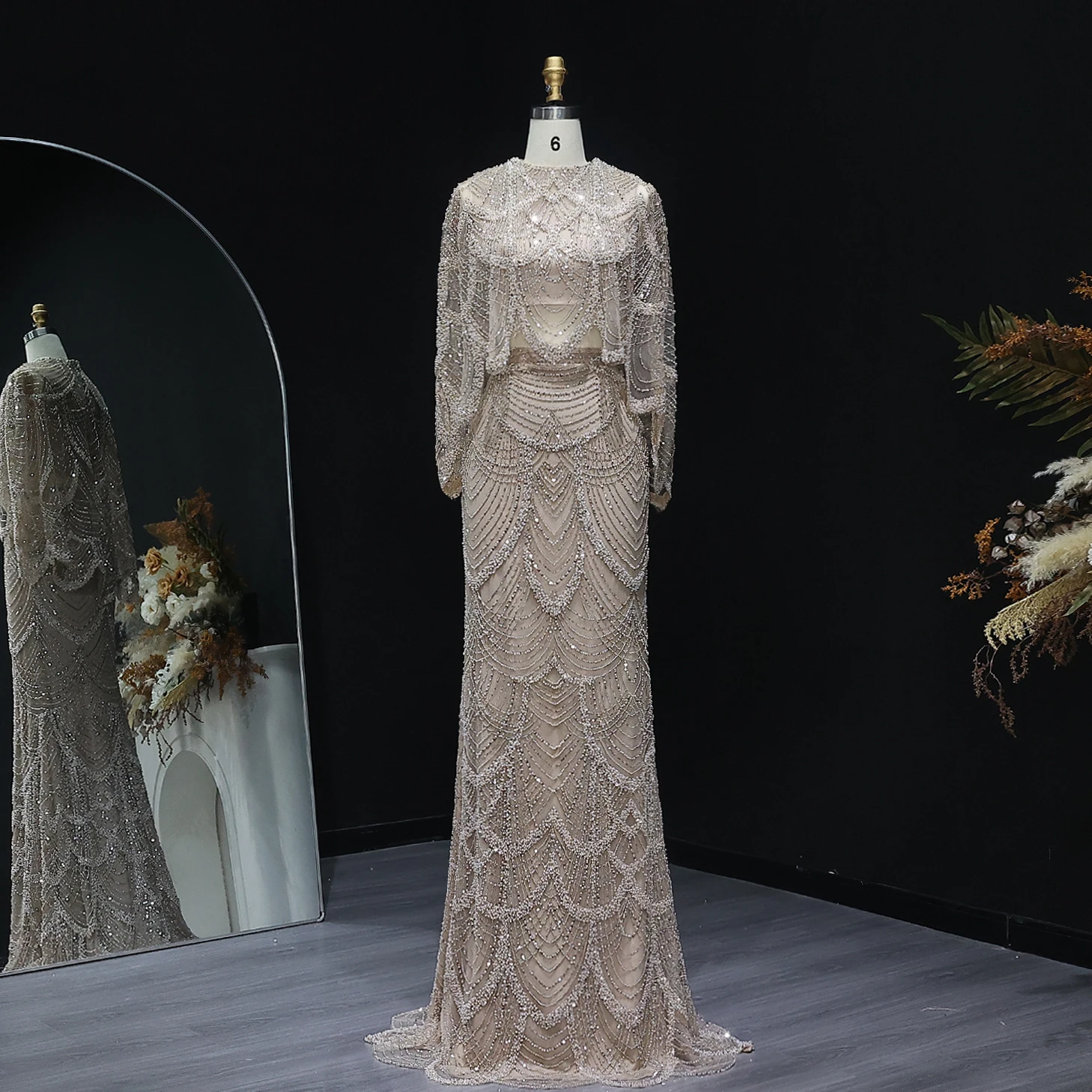 Sharon กล่าวว่าหรูหราดูไบ Nude 2 ชิ้นชุดราตรี Cape Crop Top Mermaid ผู้หญิงงานแต่งงานชุด SS646 ที่กําหนดเอง