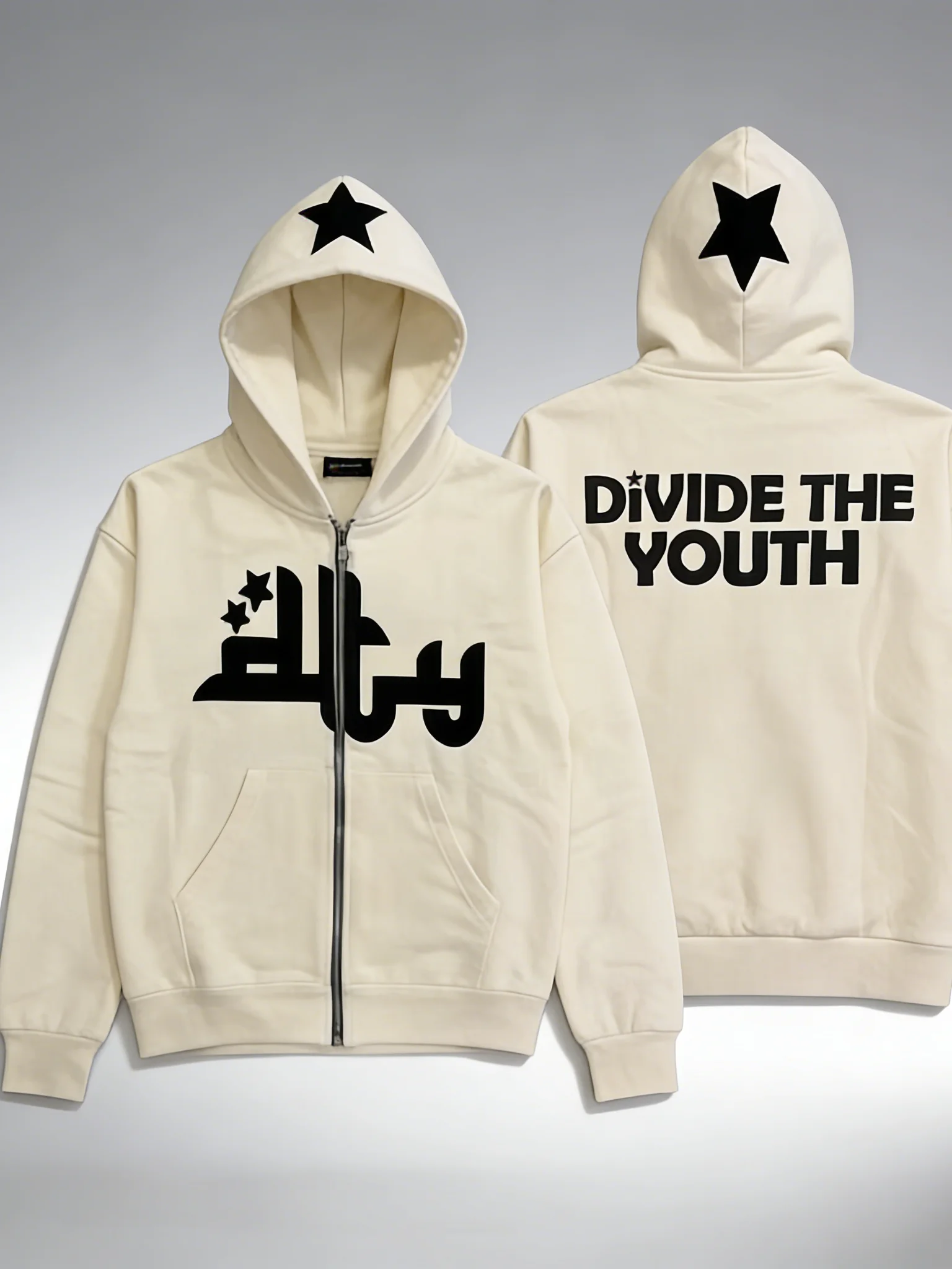 

Zipper loose hoodie jacket with star letter print, Y2K retro Harajuku oversized long-sleeve sweatshirt