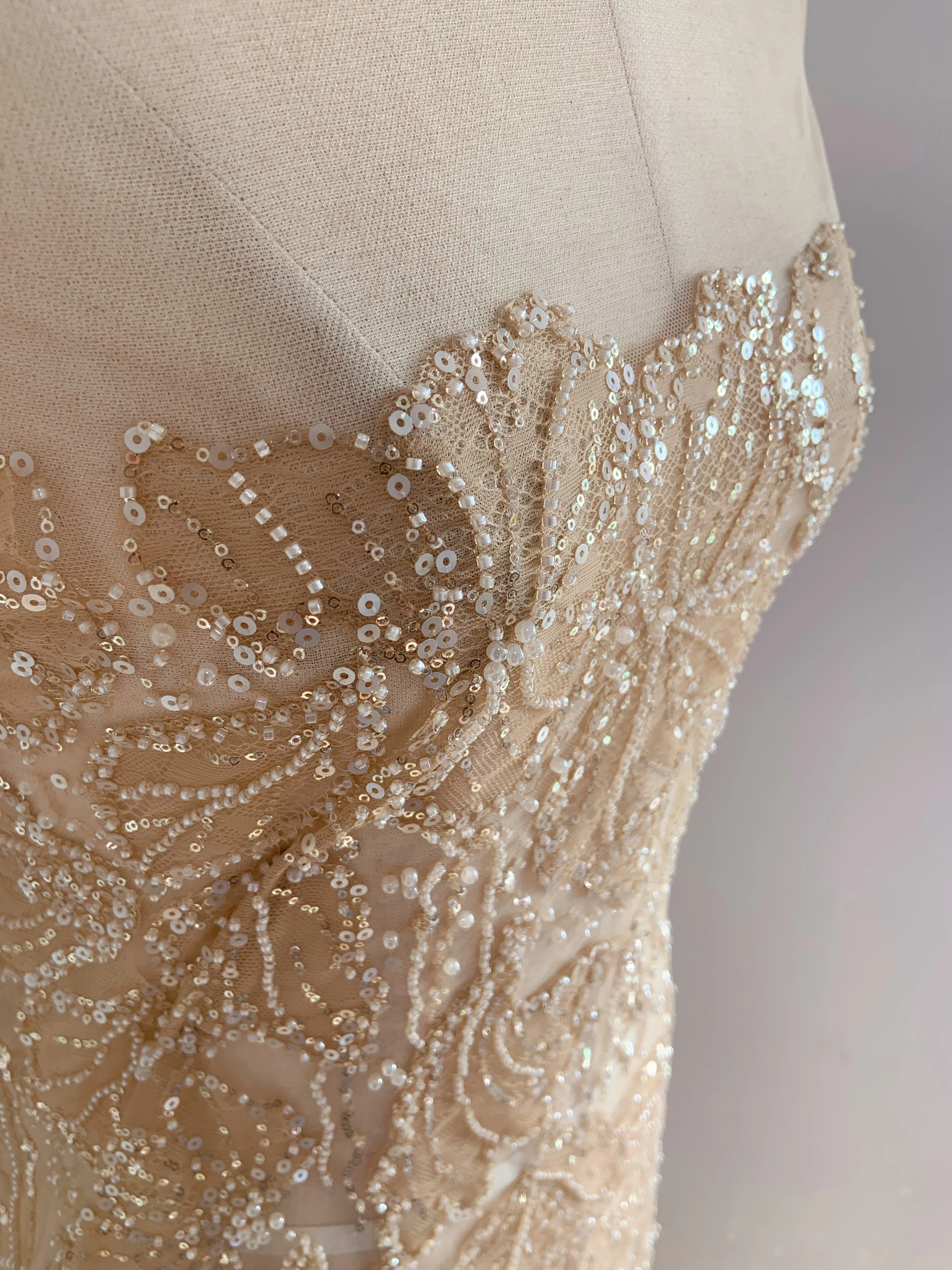 

1 yard Gold Tan Beaded Chantilly Lace Fabric For Dress, Sequined Tulle Fabric For Couture, Evening Dress, Prom Dress