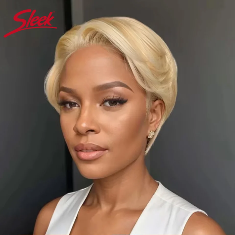 

Sleek Brazilian Straight Hair Bob Blond 613 Short Pixie Cut Bob Wigs C Lace Front Part Human Hair Wigs Nature Grey Remy Hair Wig