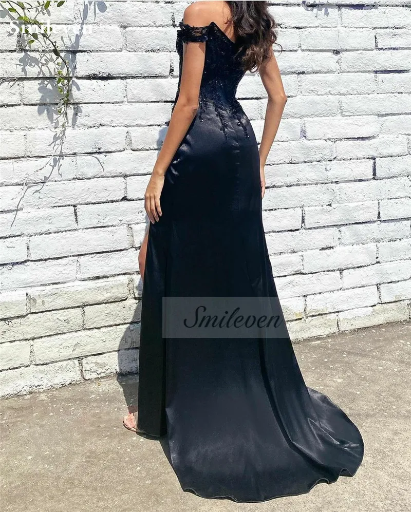 Smileven Lace Black Mermaid Evening Dresses Appliqued Off The Shoulder Prom Dress High Side Split Party Gowns 2024