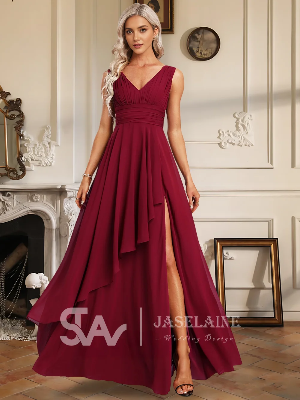 Luxury Bridesmaid Dresses 2025 A-Line V-Neck Floor-Length Chiffon Ruffle Leg Slit  Wedding Evening Party Cocktail Dresses Women