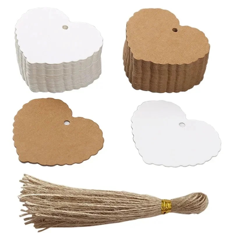 Étiquettes rondes en papier Kraft vierge avec cordes, étiquettes rondes en forme de cœur, pour cadeaux d'anniversaire et de noël, pour vêtements, artisanat de bricolage, 50 pièces