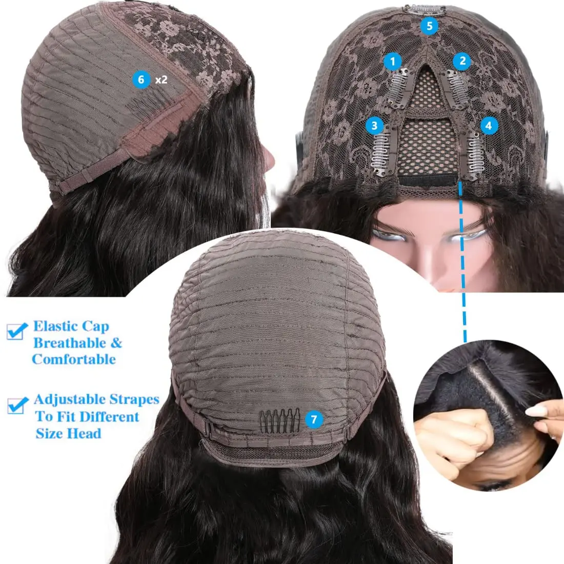 Parrucca con parte a V riccia profonda Capelli umani No Leave Out Parte sottile Parrucche per capelli malesi per le donne Parrucca con parte V/U riccia profonda a 250 densità 100%